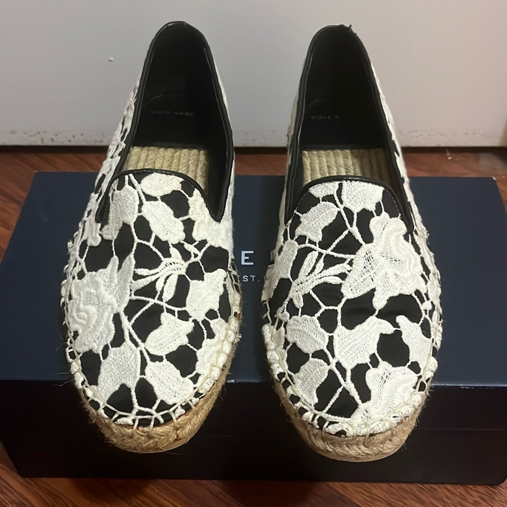 Cole Haan Black/White Lace Espadrille, Sz 9.5